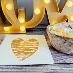 Hand-printed Linocut gold heart card