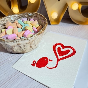 Hand-printed Linocut Floral heart and bird card