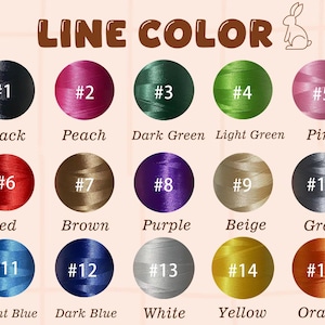 K&ouml;nnte beinhalten: Eine Farbkarte mit 15 Garnfarbenoptionen, jeweils in einem kreisf&ouml;rmigen Muster. Zu den Farben geh&ouml;ren Schwarz, Pfirsich, Dunkelgr&uuml;n, Hellgr&uuml;n, Rosa, Rot, Braun, Lila, Beige, Grau, Hellblau, Dunkelblau, Wei&szlig;, Gelb und Orange. Der Text "LINE COLOR" steht oben.