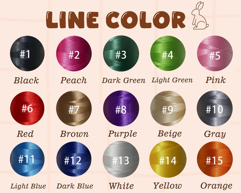 K&ouml;nnte beinhalten: Eine Farbkarte mit 15 Garnfarbenoptionen, jeweils in einem kreisf&ouml;rmigen Muster. Zu den Farben geh&ouml;ren Schwarz, Pfirsich, Dunkelgr&uuml;n, Hellgr&uuml;n, Rosa, Rot, Braun, Lila, Beige, Grau, Hellblau, Dunkelblau, Wei&szlig;, Gelb und Orange. Der Text "LINE COLOR" steht oben.