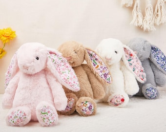 Personalized Embroidered Plush Bunny, Floral Ears, Baby Shower Gift