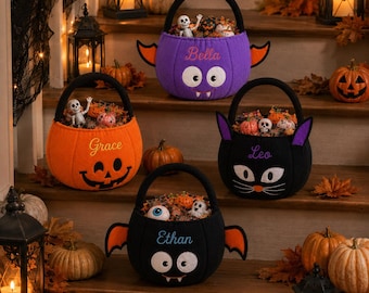 Personalisierter Halloween-Süßigkeitenkorb, Süßigkeiteneimer für Kinder, bestickte Namenstasche, fröhliche Halloween-Geschenke