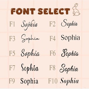 K&ouml;nnte beinhalten: Hellpfirsichfarbene Grafik mit dem Text "FONT SELECT" in braunen Buchstaben und dem Namen "Sophia" in zehn verschiedenen Schriftarten. Eine kleine Hasenillustration befindet sich in der oberen rechten Ecke.