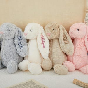 Broderad fluffig kanin, personlig kaninleksak, monogrammerad kanin, födelsedagspresent för barn, babyshowerpresenter, påskhare