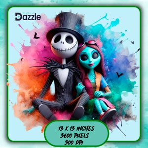 Jack and Sally Watercolor Splash, Clipart Images, Graphics and Artwork, Rainbow Aesthetic, PNG Christmas Nightmare Images