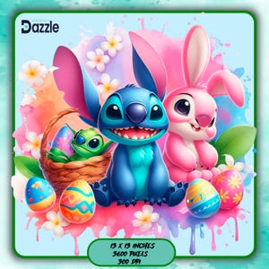 Stitch and Angel Ostern Aquarell Splash, Clipart Bilder, Grafiken und Kunstwerke, Regenbogen Ästhetik, PNG süße Frühlingsbilder