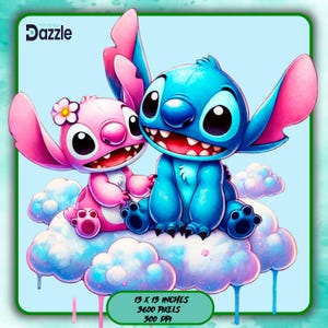 Stitch sitting on Clouds Watercolor Splash, Clipart Images, Graphics and Artwork, Rainbow Aesthetic, PNG Cute Character Images