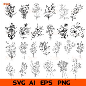 Floral Line Art, Botanical Line Art SVG, Clipart, Wedding Flowers, Hand Drawn Vector Flowers and Plants, Commercial Use