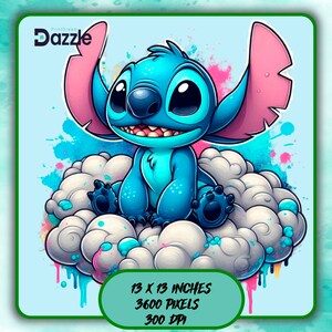 Stitch on Clouds Watercolor Splash, Clipart Images, Stitch on Clouds PNG, Graphics and Artwork, Rainbow Aesthetic, PNG Cute Stitch Images