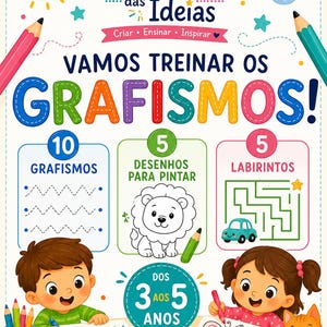 May include: Educational activity book cover titled A Sebenta das Ideias, featuring colorful illustrations of a sun, cloud, lion, car, butterfly, and cat. It includes sections for 10 grafismos, 5 desenhos para pintar, and 5 labirintos for ages 3 to 5.