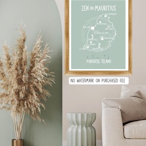 Póster del mapa de Mauricio: Zen en Mauricio: Arte mural minimalista imprimible, decoración de viaje a una isla paradisíaca (descarga digital sin marca de agua)