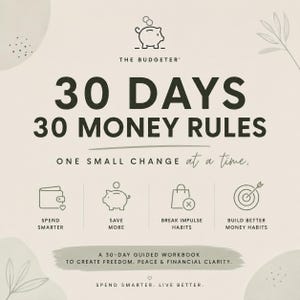 Könnte beinhalten: Ein beigefarbenes 30-Tage-Arbeitsbuch mit dem Titel 30 DAYS 30 MONEY RULES ONE SMALL CHANGE at a time von THE BUDGETER. Es enthält Symbole für intelligenteres Ausgeben, mehr Sparen, das Brechen von Impulskäufen und bessere Geldgewohnheiten.