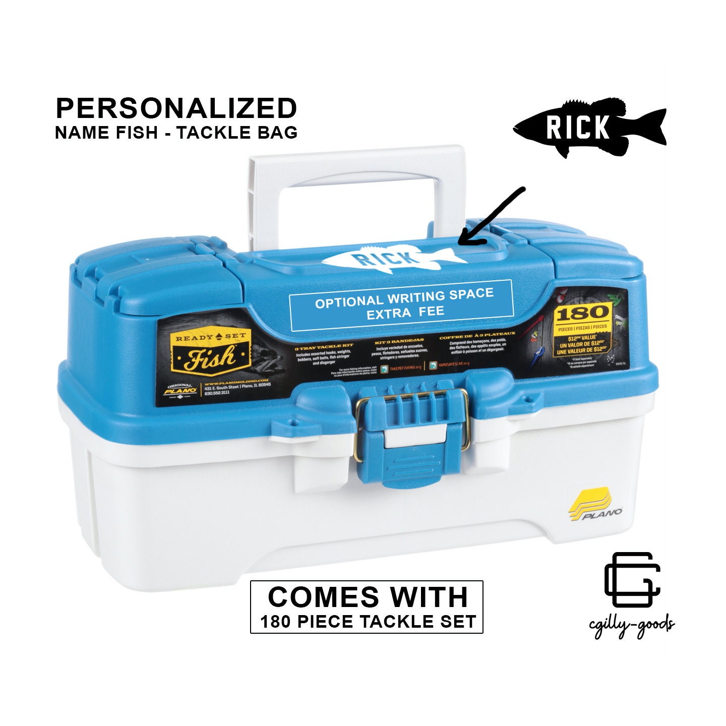 Personalized Plano Synergy Fishing Ready Set Fish 180 Piece Tackle Box,  Medium, Blue / White