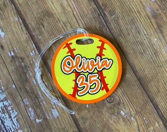 Softball Bag Tag - 4" Round 2-Sided Gloss Bag Tag with Clear Plastic Strap/Loop - Sport Teams - Individual or Travel Ball team tags