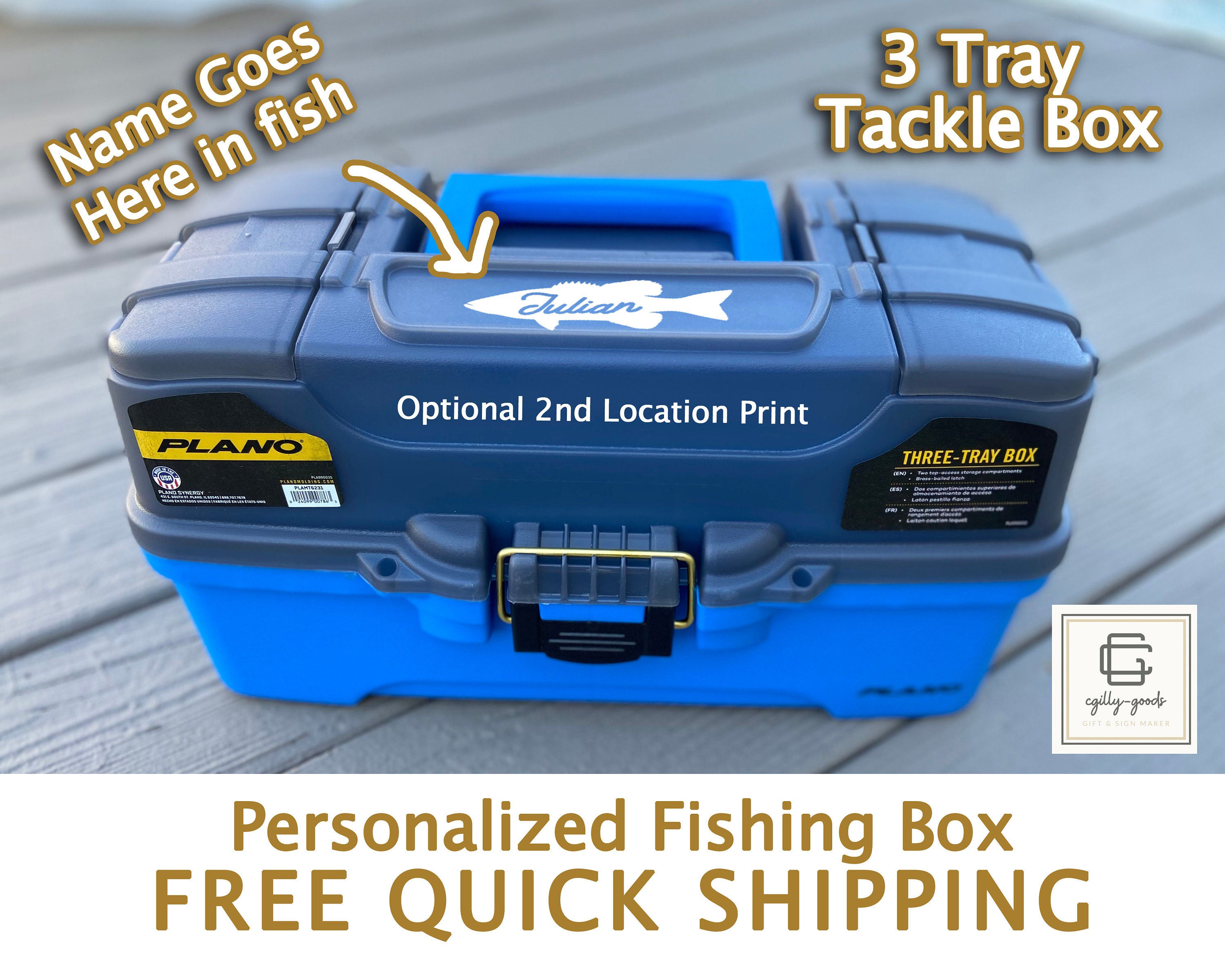 Personalized Plano Smoke & Bright Blue Tackle Box 3 Tray Size Free