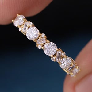 Alternating Round and Baguette Diamond Wedding Band, Half Eternity Ring, Lab Grown Diamond Band, Stackable Ring, Anniversary Ring For Women