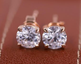 14K Solid Gold Wedding Earrings, Classy Round Cut Solitaire Earrings, Four Prong Basket Set Earrings, Pushbacks Studs Earrings, Gift for Her