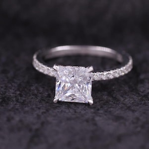 2.0 CT Princess Cut With Hidden Halo Half Eternity Pave Engagement Ring, Princess Shaped Solitaire Ring, Colorless Moissanite Solitaire Ring