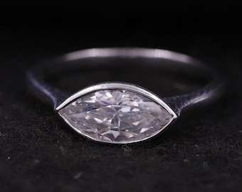 Full Bezel Set Wedding Ring, Marquise Moissanite Ring, Solitaire Engagement Ring, 14K Solid Gold Promise Ring, Diamond Ring, Gift for Women
