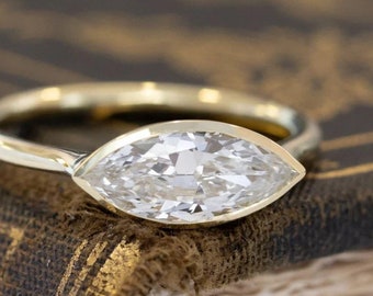 Full Bezel Set Moissanite Ring, East West Solitaire Diamond Ring, Marquise Cut Engagement Ring, 14k Solid Gold Wedding Ring, Minimalist Ring