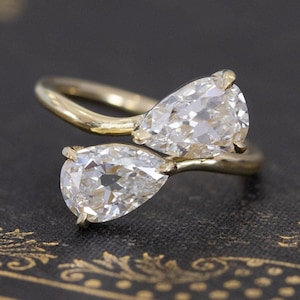 18K Solid Gold Moissanite Engagement Ring, Toi et Moi Double Pear Design, Two Stone Bridal Ring, Anniversary Gift for Her, Christmas Gift