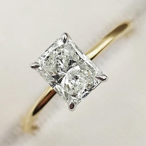 Radiant Cut Gold Moissanite Engagement Ring, Two Tone Wedding Ring, Big Solitaire Diamond Ring, Plain Band Anniversary Ring, Birthday Gift