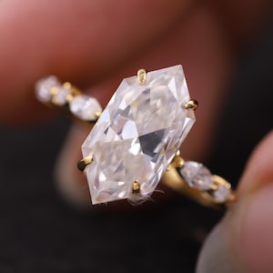 Unique Yellow Gold Half Eternity Marquise Diamond Proposal Ring, Elongated Hexagon Cut Moissanite Engagement Ring, Bridal Wedding Ring