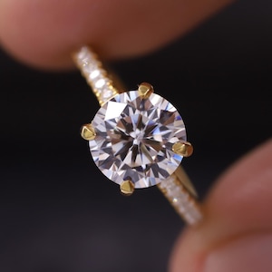 Anello di fidanzamento con diamante taglio rotondo coltivato in laboratorio, anello di proposta con diamante CVD, fascia pavé con alone nascosto, certificato IGI, regalo di anniversario per donna