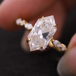 Hidden Halo Bridal Ring, Dutch Marquise Cut Moissanite Engagement Ring, Hexagon Cubic Zirconia Wedding Ring, Half Eternity Anniversary Ring