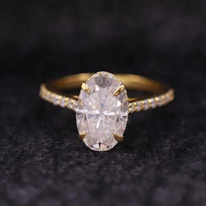 Oval Halo Moissanite Engagement Ring, Oval Hidden Halo Proposal Ring, 14k White Gold Half Eternity Wedding Ring, Anniversary Promise Ring