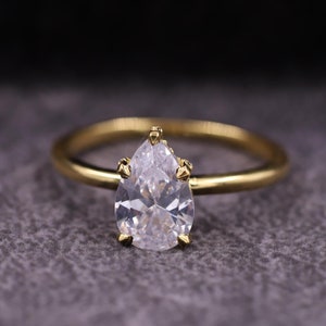 Five Prong With Hidden Halo Pear Shaped Engagement Ring, Pear Cut Diamond Solitaire Ring, Minimalist Ring, 14K Gold Thin Dainty Ring For Her