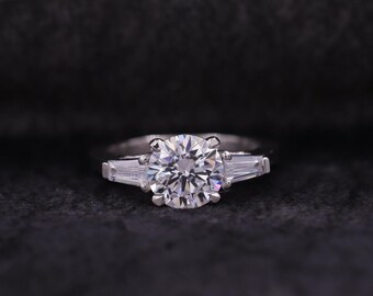 Sterling Silver 3-Stone CZ Engagement Ring - Round & Baguette Cubic Zirconia, Size 9.5