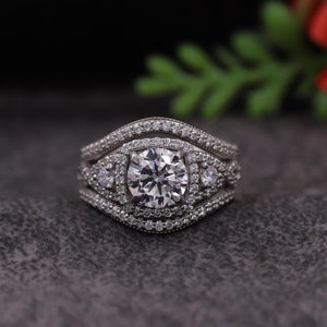 Three Stone Round Moissanite Diamond with Halo Engagement Ring Set, Infinity Wedding Ring Set, Twist Diamond Half Eternity Ring Set