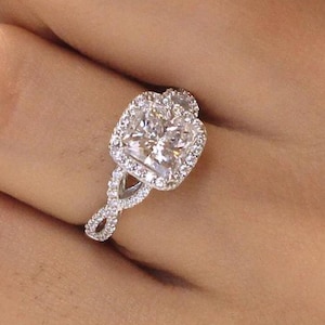 Princess Cut Moissanite Engagement Ring, Half Eternity Pave Halo Twisted Pave Wedding Ring, Princess Halo Ring, Anniversary Gift for Her
