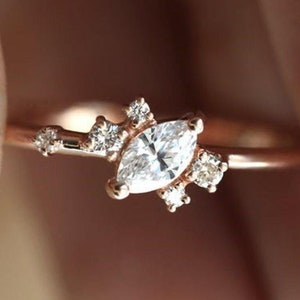 Marquise Cut Cluster Minimalist Ring with Side Stones, 14K Solid Gold Vintage Inspired Promise Ring, Marquise Cluster Ring, Promise Ring