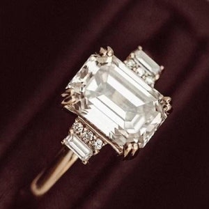 Brilliant  Moissanite Emerald Center Engagement Ring, Minimalist Style Anniversary Ring, Promise Ring For Female, 14K Yellow Gold Ring
