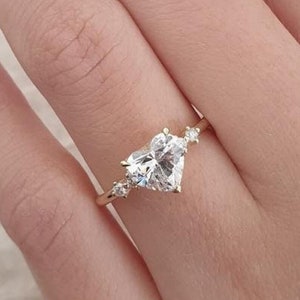 Heart Cut Modern White Colorless Moissanite Solitaire Ring, Heart Shaped Simulated Diamond 14k Solid Engagement Ring, Birthday Gift for Her