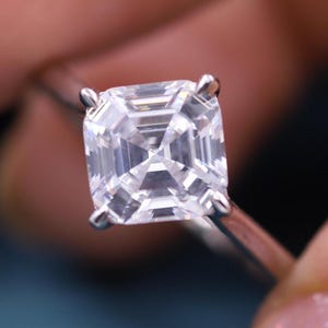 Asscher Cut Lab Grown Diamond Engagement Ring, 0.75 To 2.50 CT Lab Created Diamond Solitaire Wedding Ring For Women, Yellow Gold Ring