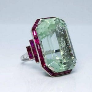 Big Emerald Cut Diamond Vintage Ring, Ruby Halo Diamond Art Deco Engagement Ring, Cocktail Woman&#39;s Estate Antique Art Deco Diamond Ring