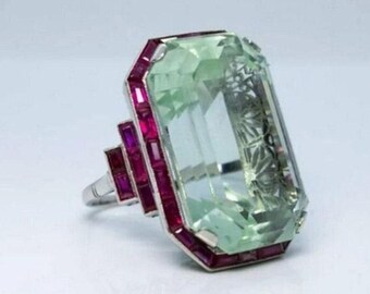 Big Emerald Cut Diamond Vintage Ring, Ruby Halo Diamond Art Deco Engagement Ring, Cocktail Woman's Estate Antique Art Deco Diamond Ring