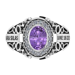 Ladies Oval Birthstone Class Ring, Custom Ring, 925 Sterling Silver Ring, Amethyst Birthstone Ring, Graduation Ring, High School Class Ring