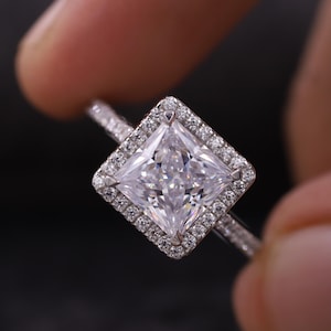 2.0 CT Princess Cut Moissanite Engagement Ring, Halo Wedding Ring, Pave Band, Princess Cut Promise Ring, Anniversary Gift, Ring for Women