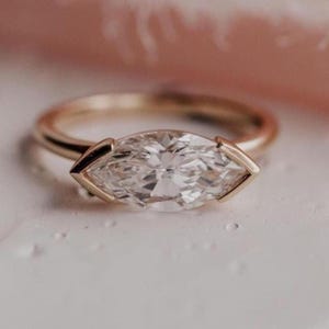 East West Marquise Cut Lab Grown Diamond Half Bezel Solitaire Engagement Ring, Unique Solitaire Diamond Ring, Yellow Gold Wedding Ring