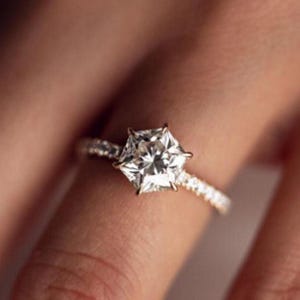 2.0 CT Hexagon Cut Hidden Halo Moissanite Engagement Ring, 14K Solid Yellow Gold Art Deco Pave Setting Band, Wedding Gift Ring For Her
