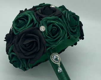 Emerald Green l Black l Roses Bridal Bouquet l Brooch Bouquet l Bride Flowers l Wedding Corsage l Boutonniere l Jumping Broom l Heirloom