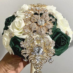 Reduced ~ Emerald Green Real Touch Roses Bridal Bouquet l Brooch Bouquet l Bride Flowers l Wedding Corsage l Boutonniere l Round
