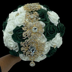 Emerald Green White Rose Bridal Brooch Bouquet: Rhinestone Satin Handle, Keepsake Wedding Flowers, Wedding Broom Giftl Quinceañera, Prom