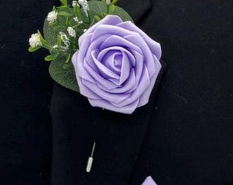 Lavender Lilac Rose Boutonniere: Handmade Wedding Lapel Pin, Prom, Formal Wear, Homecoming