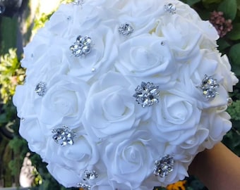Real Touch White Roses l Brooch Bridal Bouquet l  Waterfall Bouquet l Bride Flowers l Corsage l Boutonniere l Wedding broom l Quinceañera