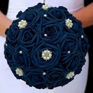 Navy Blue Real Touch Roses Bridal Bouquet l Brooch Bouquet l Bride Flowers l Wedding Corsage l Boutonniere l Roundl Quinceanera